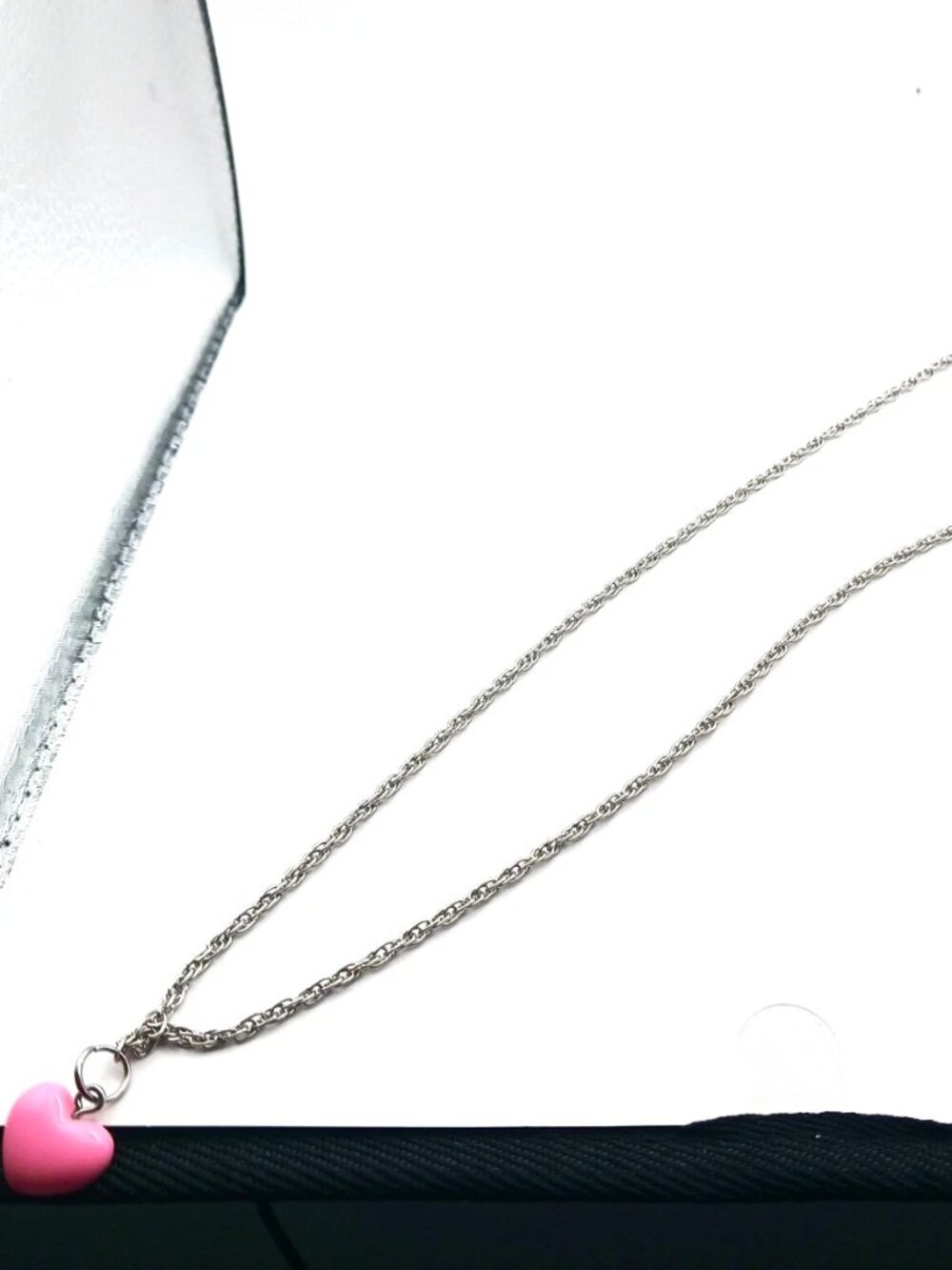 Pink Heart Necklace  Pendant with Silvertone Chain 32 Inches